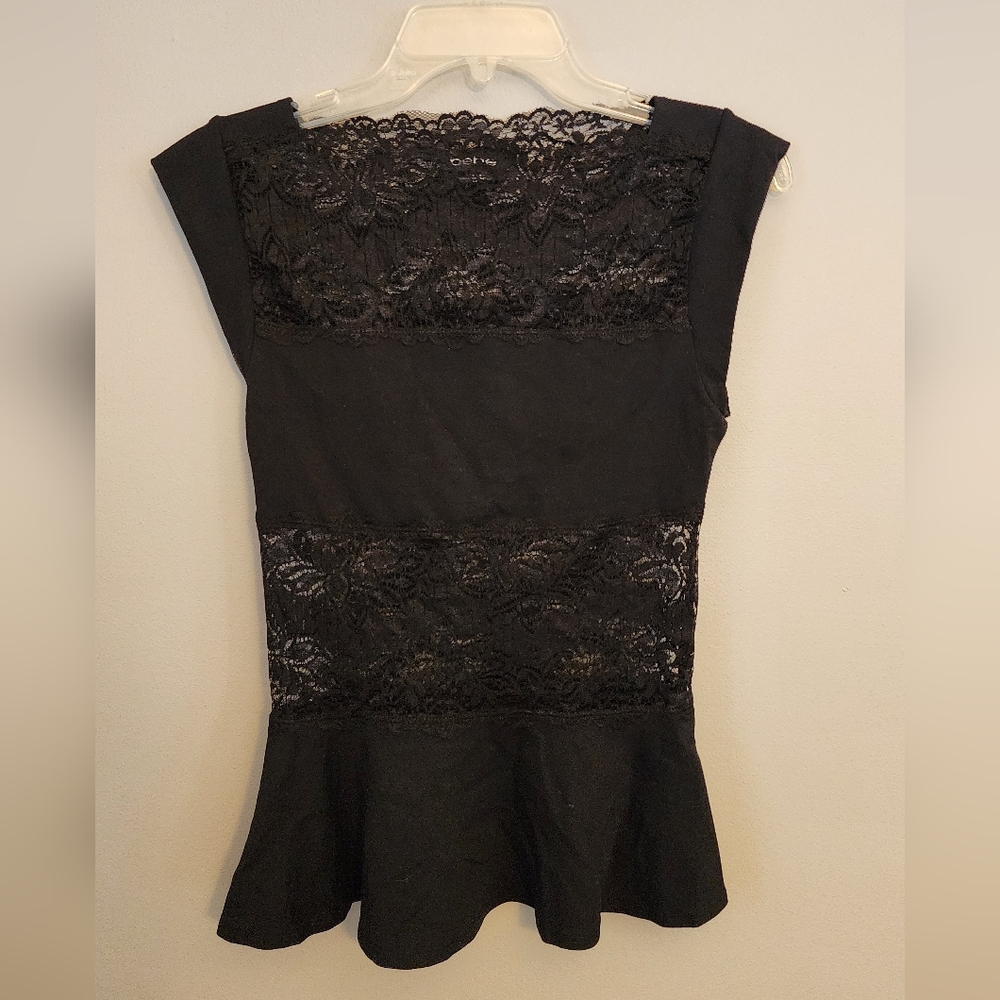 Bebe Black Lace Floral Boat Neck Shirt Top Size S Small